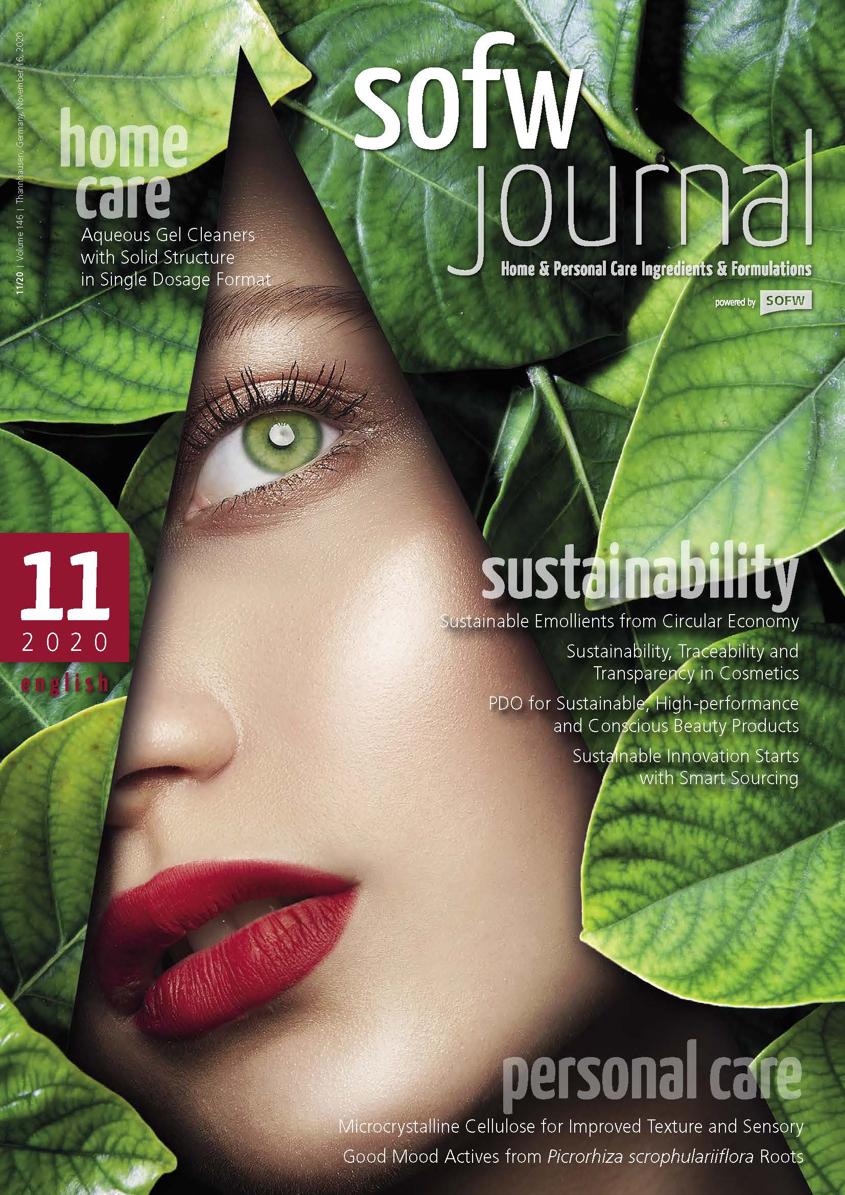 cosmetic scientific publications - cover sheet of sofw journal, one half of a womans face in between leaves