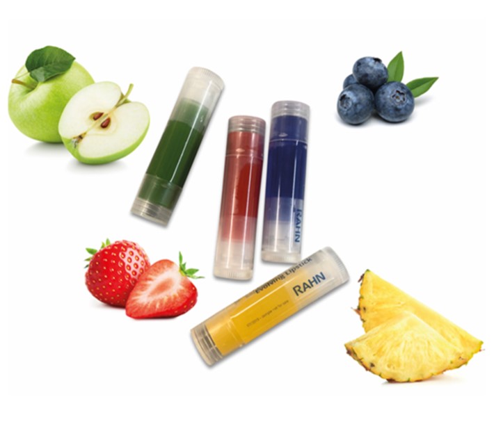 Cosmetic Services - four lipsticks in different colors, apple, strawberries, blueberries and pineapple next to the lipsticks