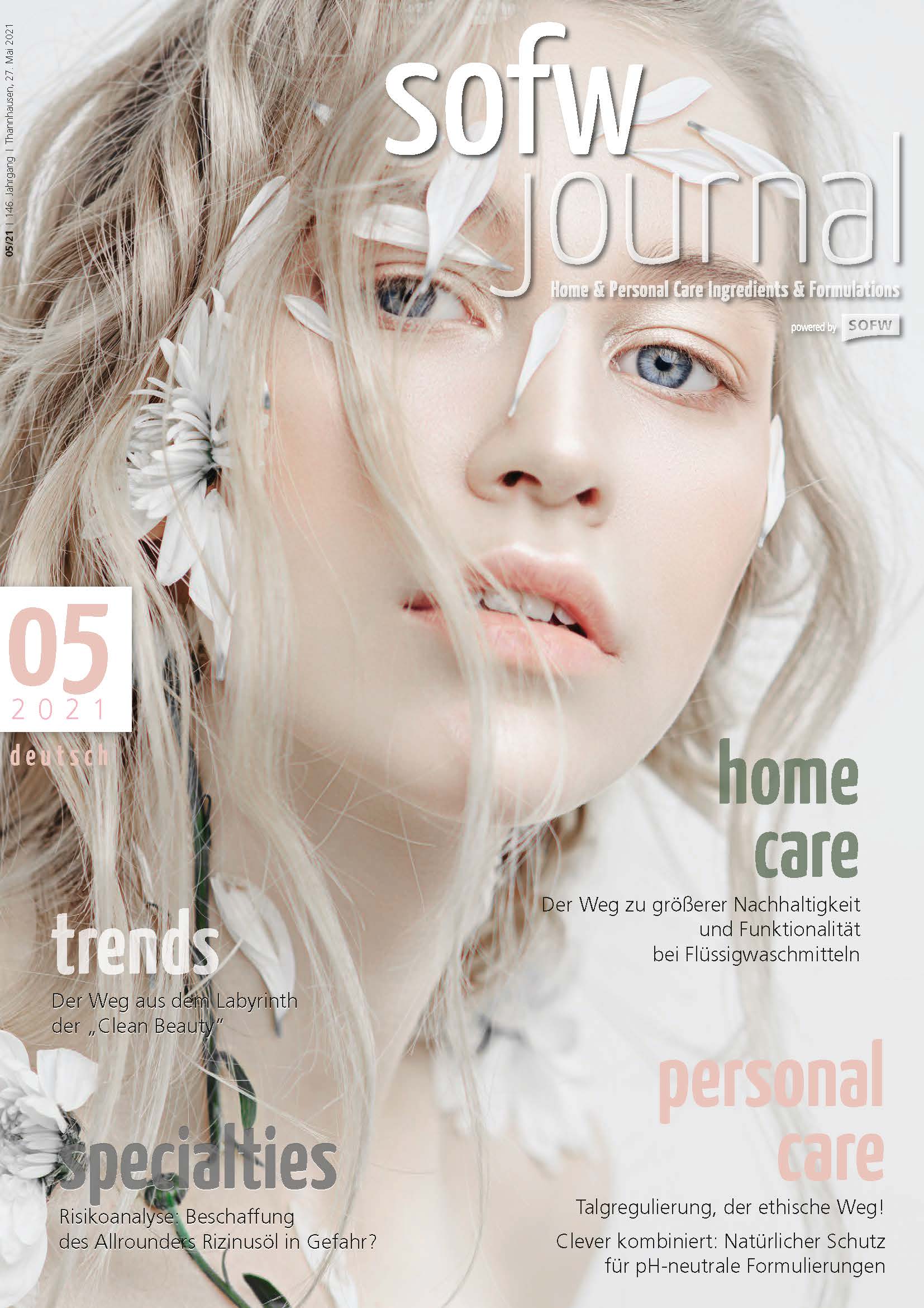 cosmetic scientific publications - cover sheet of sofw journal, young woman wearing white and she has white/grey hair