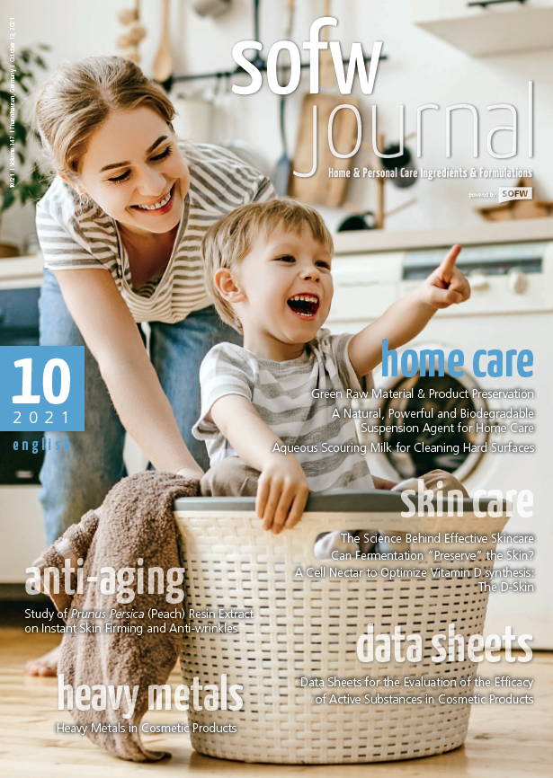 cosmetic scientific publications - cover sheet of sofw journal, young mother with her son sitting in a laundry basket