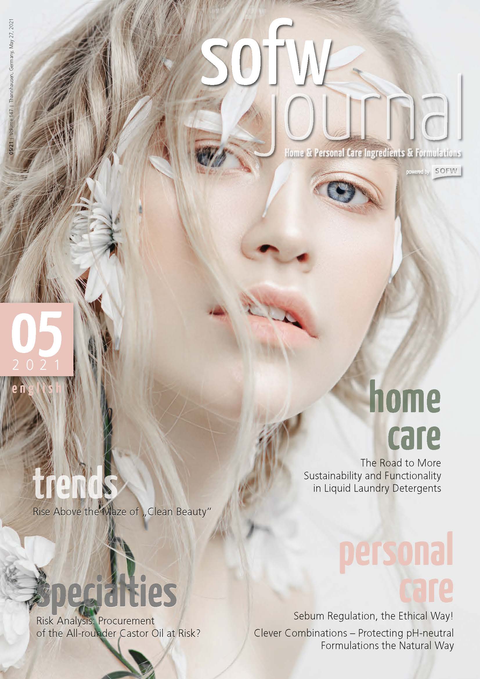 cosmetic scientific publications - cover sheet of sofw journal, young woman wearing white and she has white/grey hair