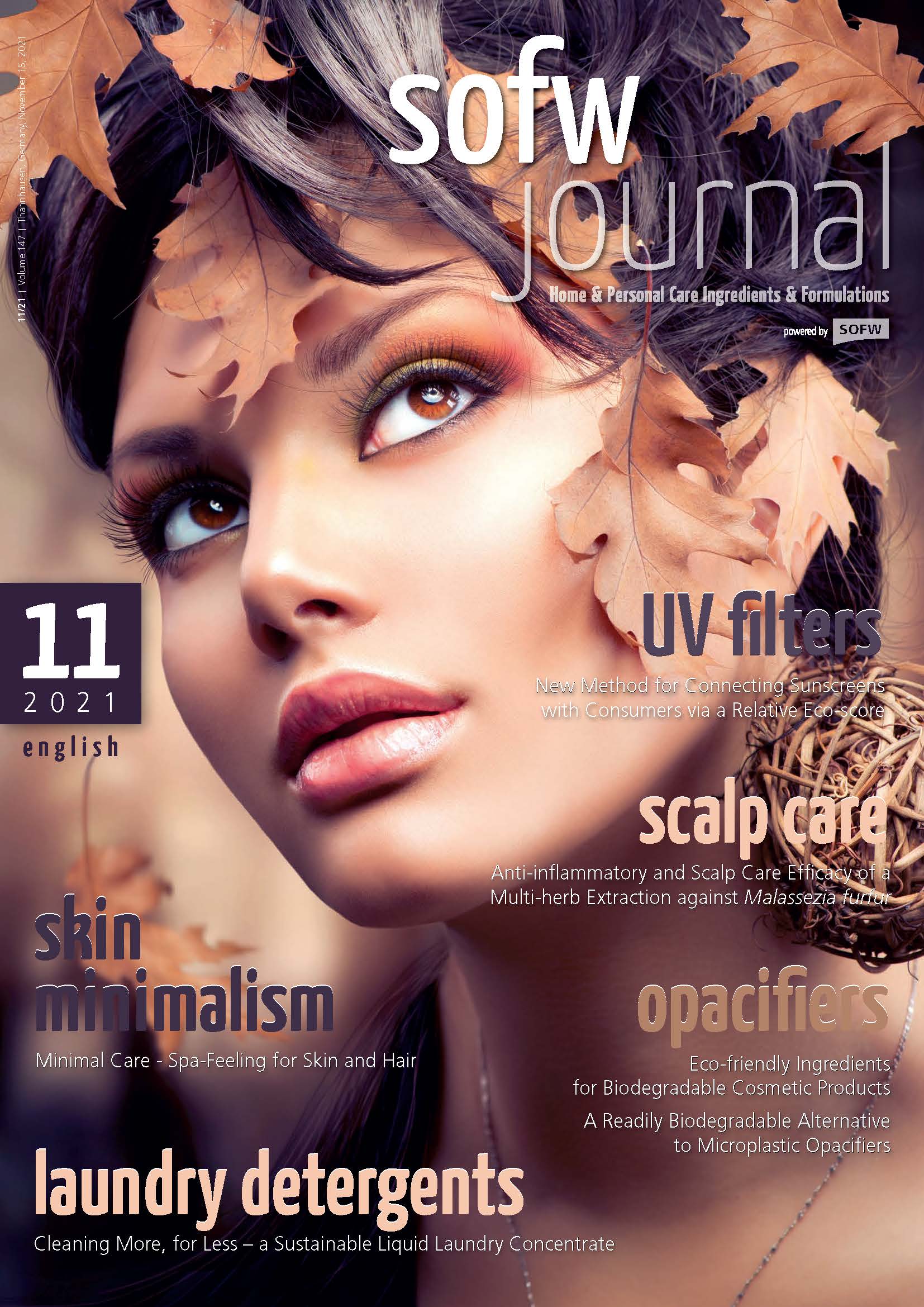 cosmetic scientific publications - cover sheet of sofw journal, young woman with dark hair, brown leaves are around her face