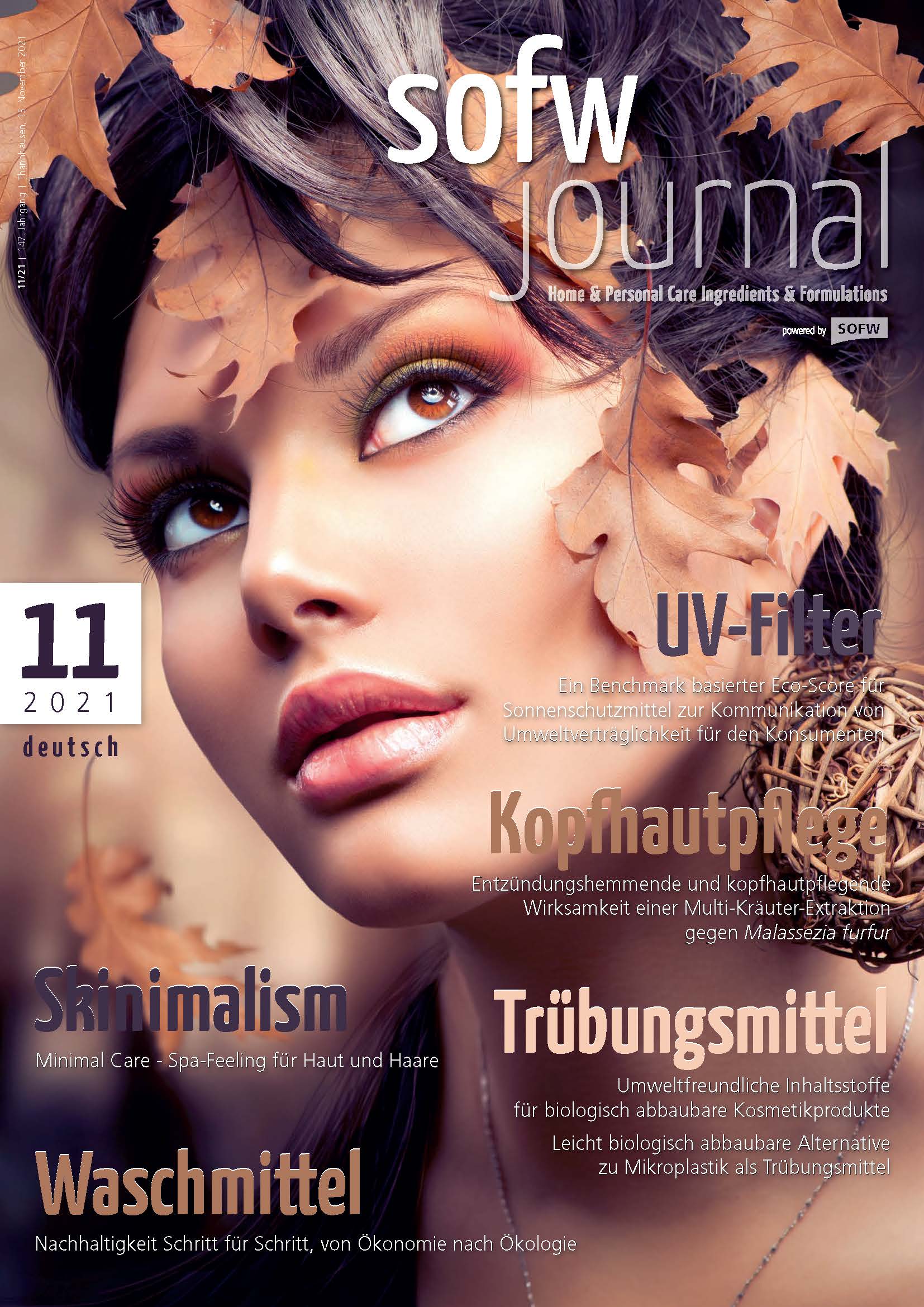 cosmetic scientific publications - cover sheet of sofw journal, young woman with dark hair, brown leaves are around her face