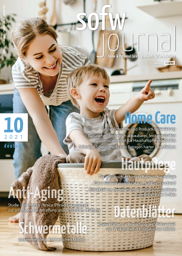 cosmetic scientific publications - cover sheet of sofw journal, young mother with her son sitting in a laundry basket