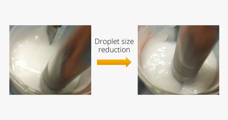 Cosmetic Services - two pictures of a lotion, the right one shows the lotion with droplet size reduction