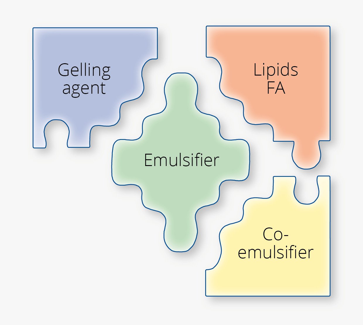 Cosmetic Services - four puzzle pieces labelled Gelling agent, Lipids FA, Emulsifier and Co-emulsifier