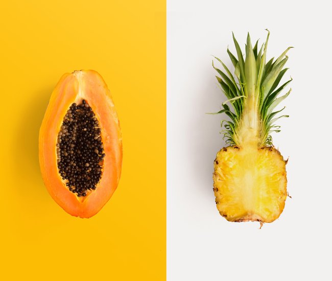 Rahn cosmetic news - on the left side is an orange melon on an orange background, on the right side is a pineapple on a white background